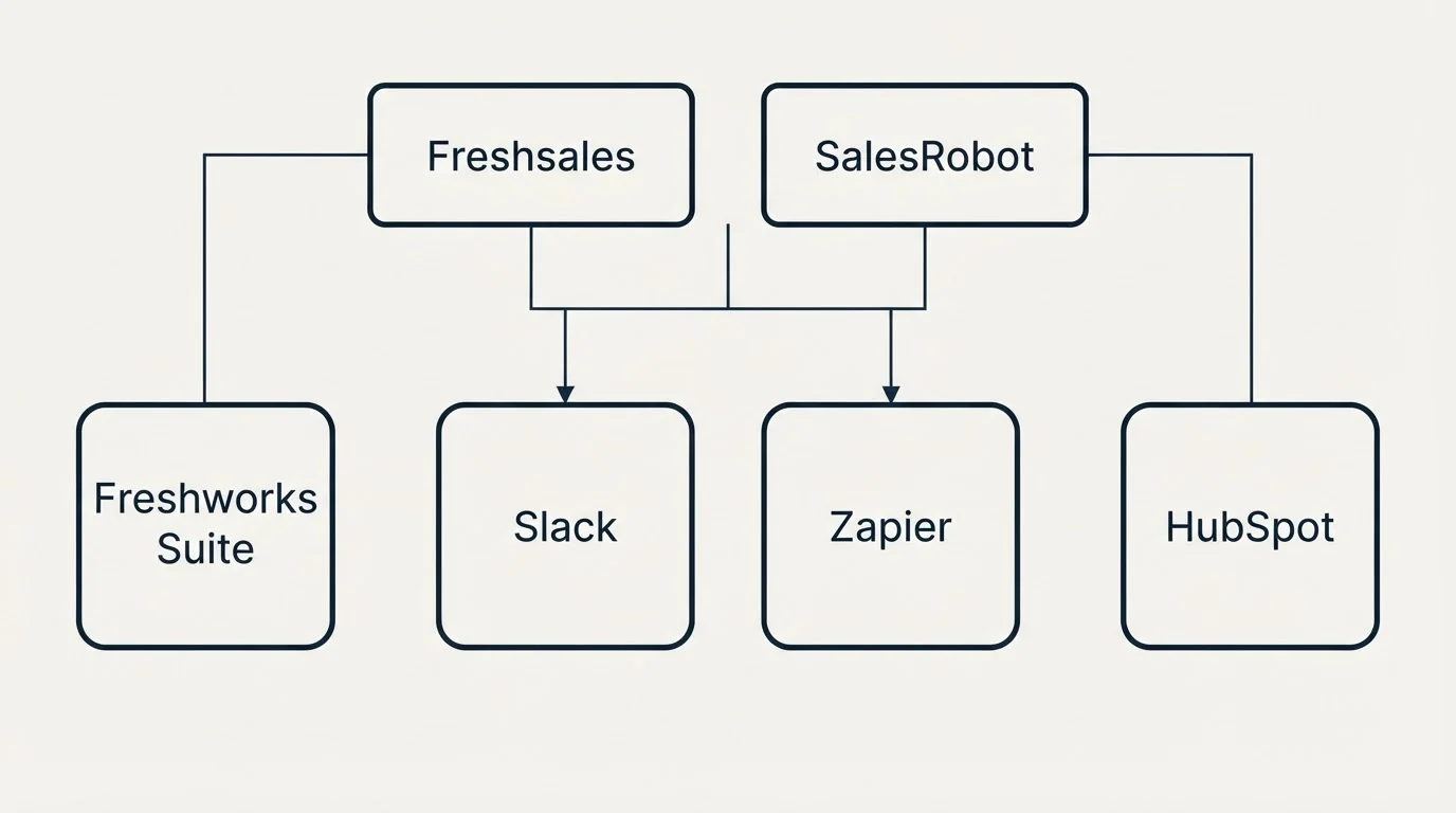 Integration grid: Integration Ecosystem (Freshsales, SalesRobot, Slack, Zapier)