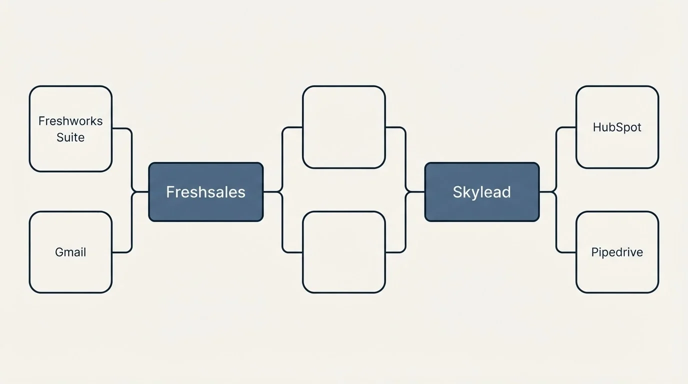 Integration schematic: Integration Ecosystem (Freshsales, Skylead, Freshworks Suite, HubSpot)