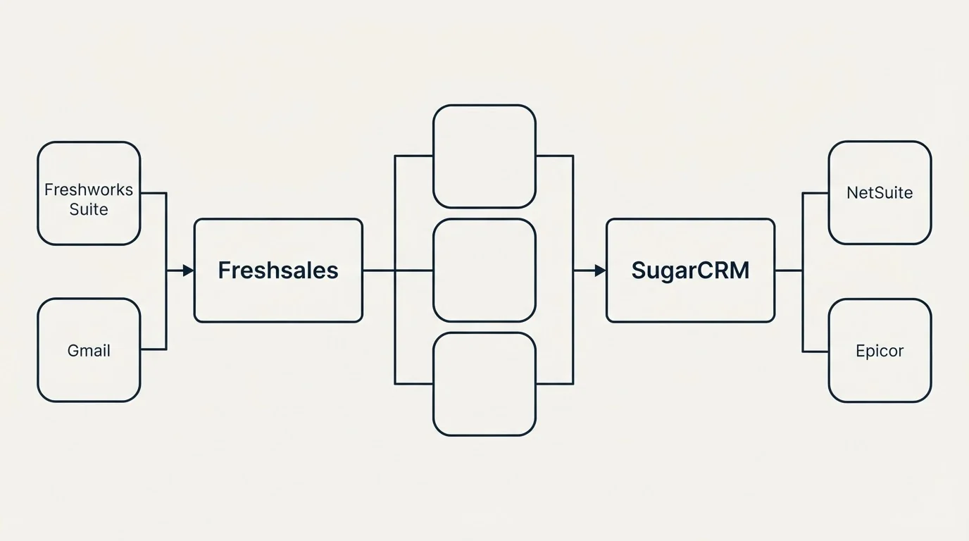 Integration flow: Integration Ecosystem (Freshsales, SugarCRM, Freshworks Suite, NetSuite)