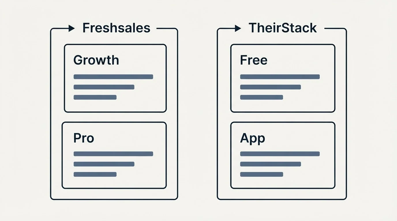Pricing panels: Pricing Comparison (Freshsales, TheirStack, Growth, Free)
