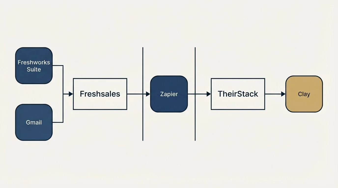 Integration flow: Integration Ecosystem (Freshsales, TheirStack, Zapier, Freshworks Suite)