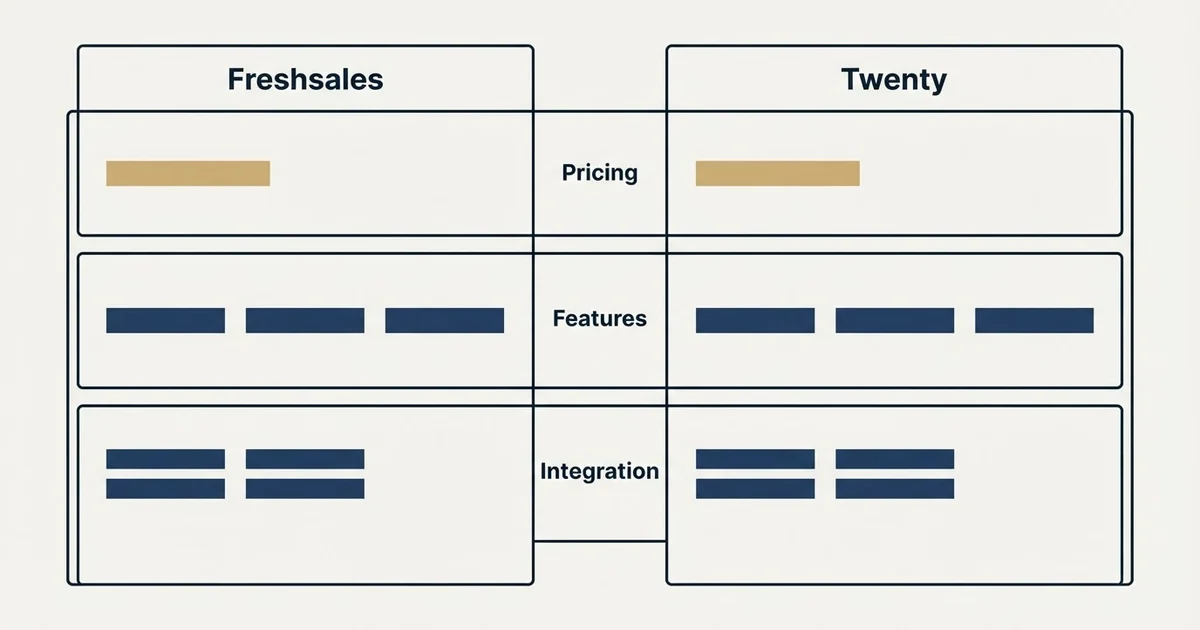 Comparison panel: Freshsales vs Twenty (Pricing, Features, Integration)