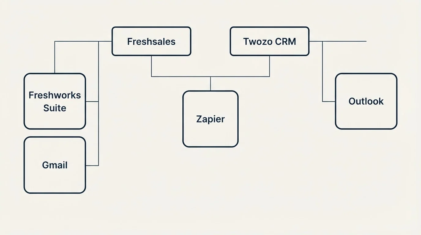 Integration grid: Integration Ecosystem (Freshsales, Twozo CRM, Zapier, Freshworks Suite)