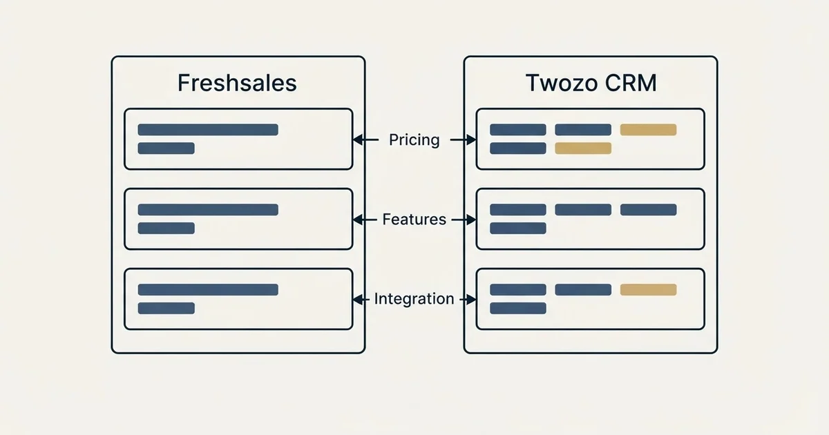 Comparison panel: Freshsales vs Twozo CRM (Pricing, Features, Integration)