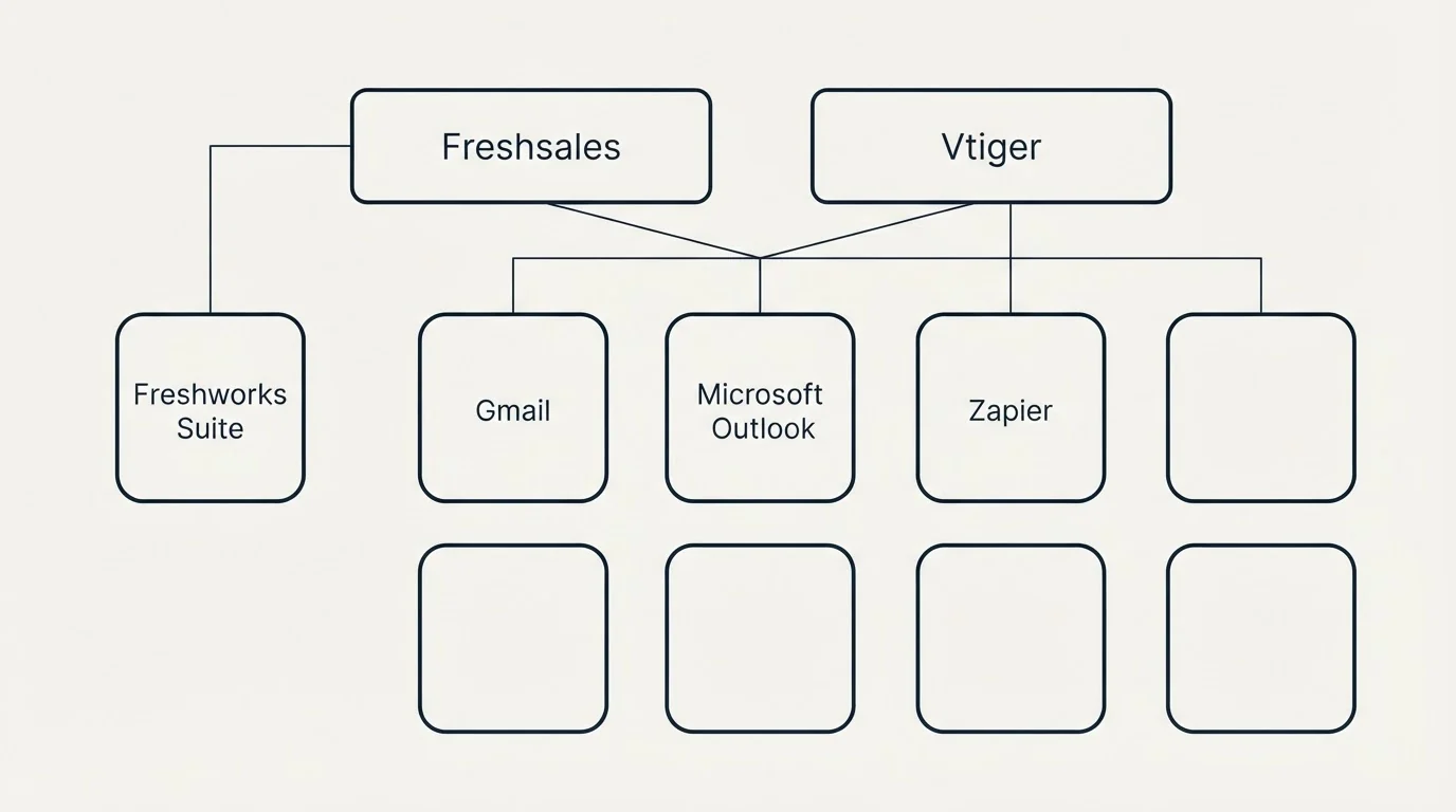 Integration grid: Integration Ecosystem (Freshsales, Vtiger, Gmail, Microsoft Outlook)