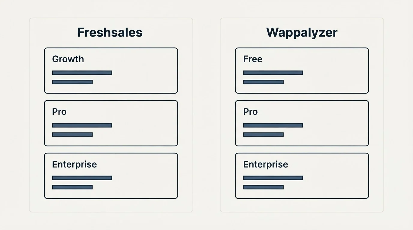 Pricing panels: Pricing Comparison (Freshsales, Wappalyzer, Growth, Free)