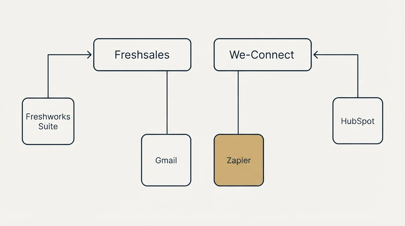 Integration grid: Integration Ecosystem (Freshsales, We-Connect, Gmail, Zapier)
