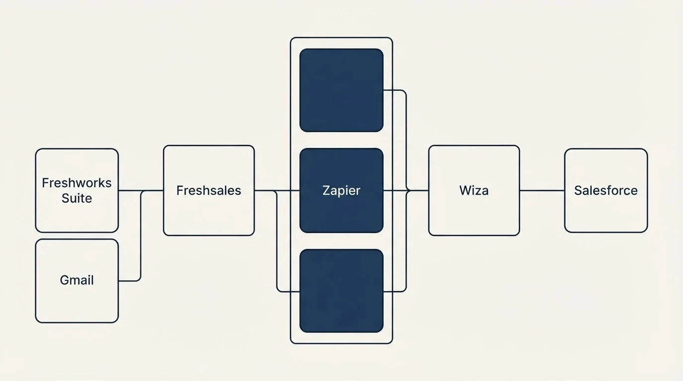 Integration flow: Integration Ecosystem (Freshsales, Wiza, Zapier, Freshworks Suite)