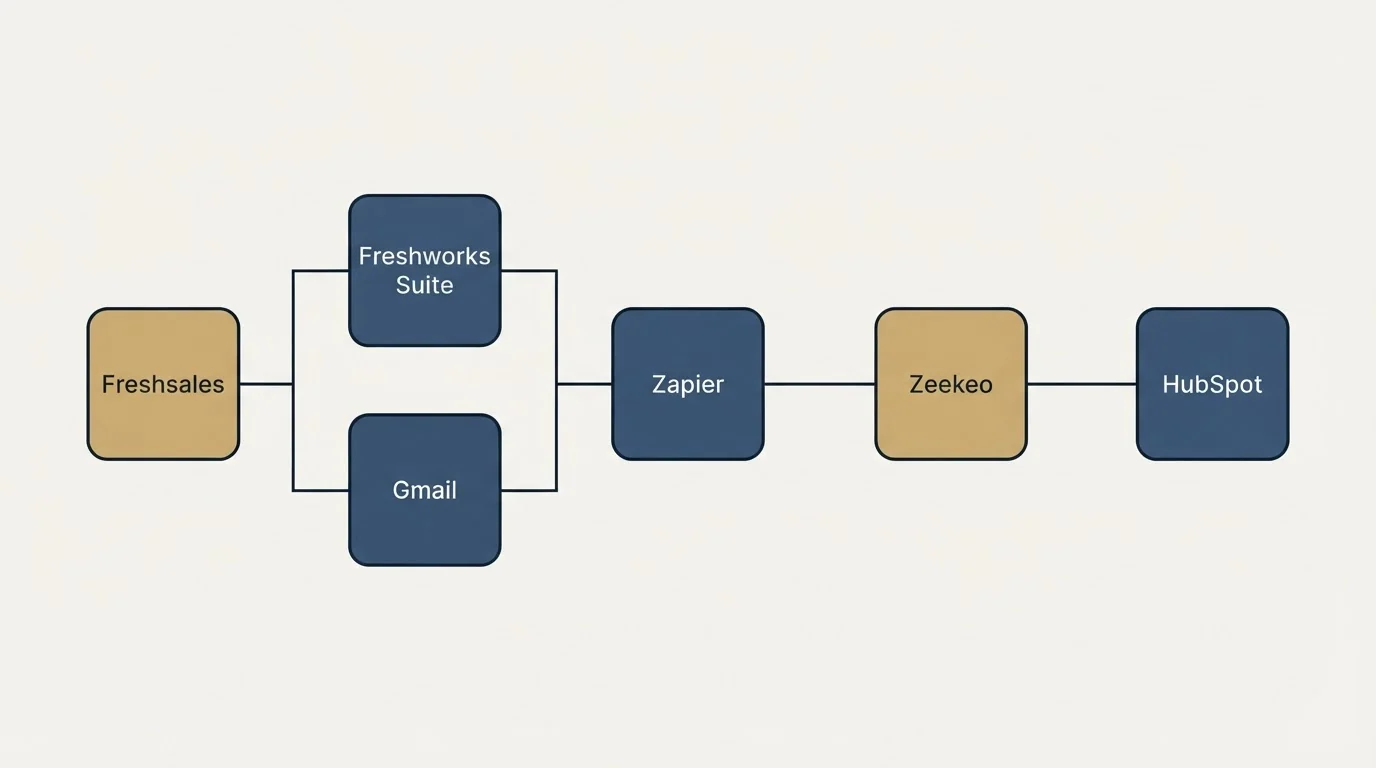 Integration flow: Integration Ecosystem (Freshsales, Zeekeo, Zapier, Freshworks Suite)