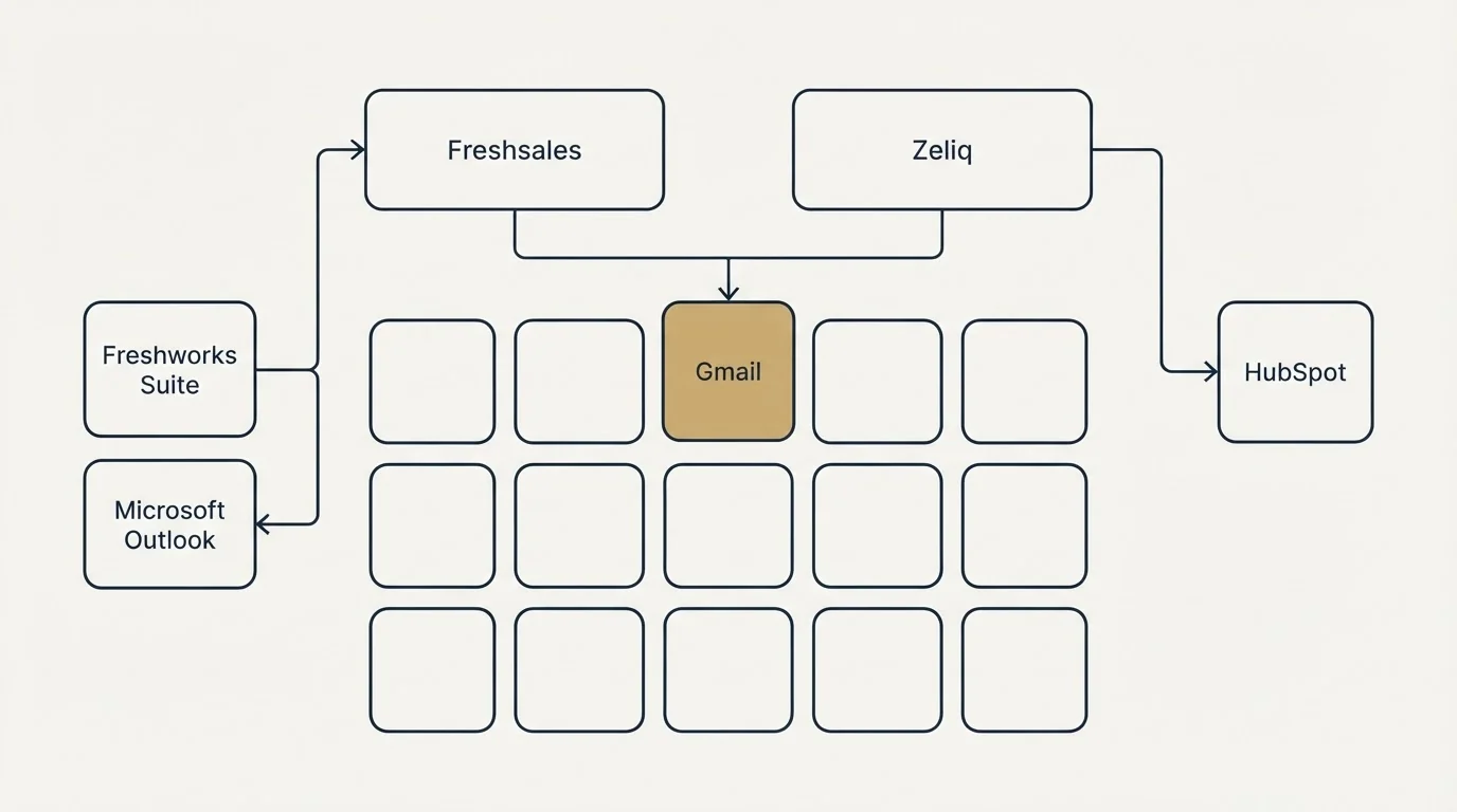Integration grid: Integration Ecosystem (Freshsales, Zeliq, Gmail, Freshworks Suite)