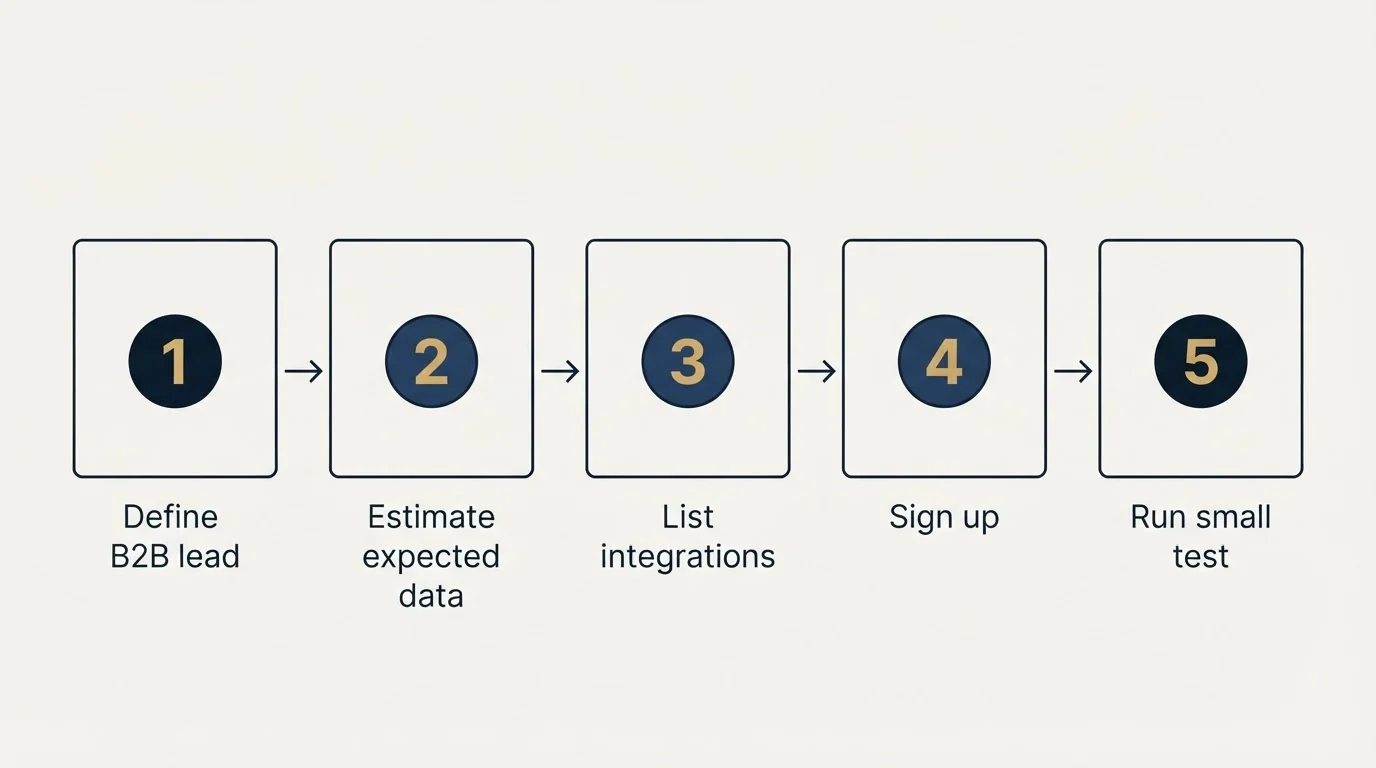Step sequence: Getting Started Checklist (Define B2B lead, Estimate expected data, List integrations, Sign up)