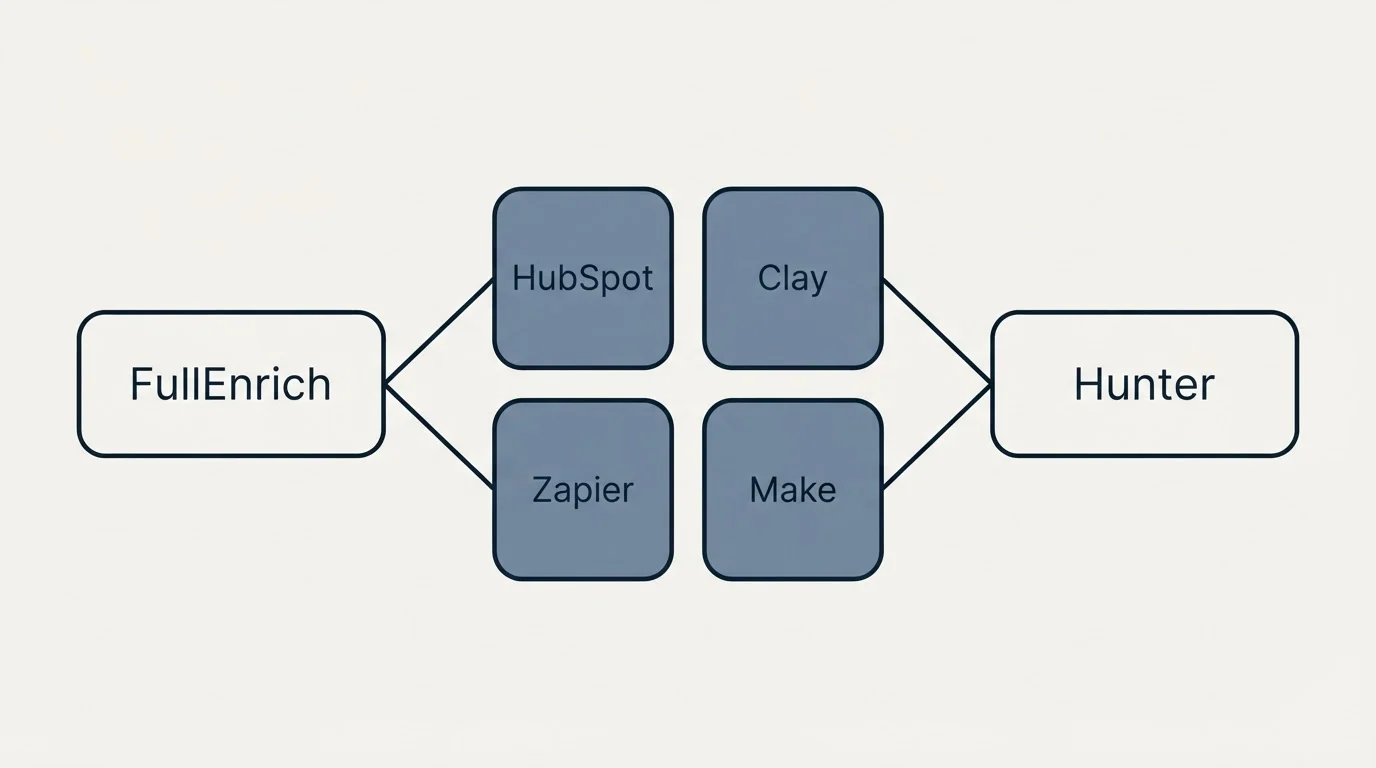 Integration schematic: Integration Ecosystem (FullEnrich, Hunter, HubSpot, Clay)
