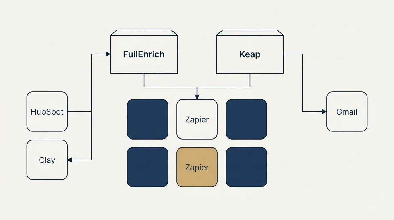Integration grid: Integration Ecosystem (FullEnrich, Keap, Zapier, HubSpot)