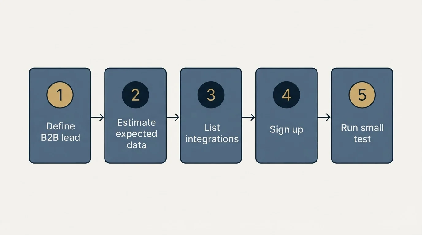 Step sequence: Getting Started Checklist (Define B2B lead, Estimate expected data, List integrations, Sign up)