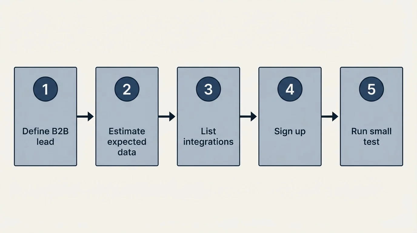 Step sequence: Getting Started Checklist (Define B2B lead, Estimate expected data, List integrations, Sign up)