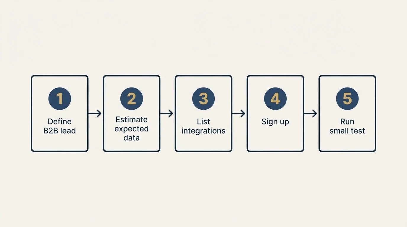 Step sequence: Getting Started Checklist (Define B2B lead, Estimate expected data, List integrations, Sign up)