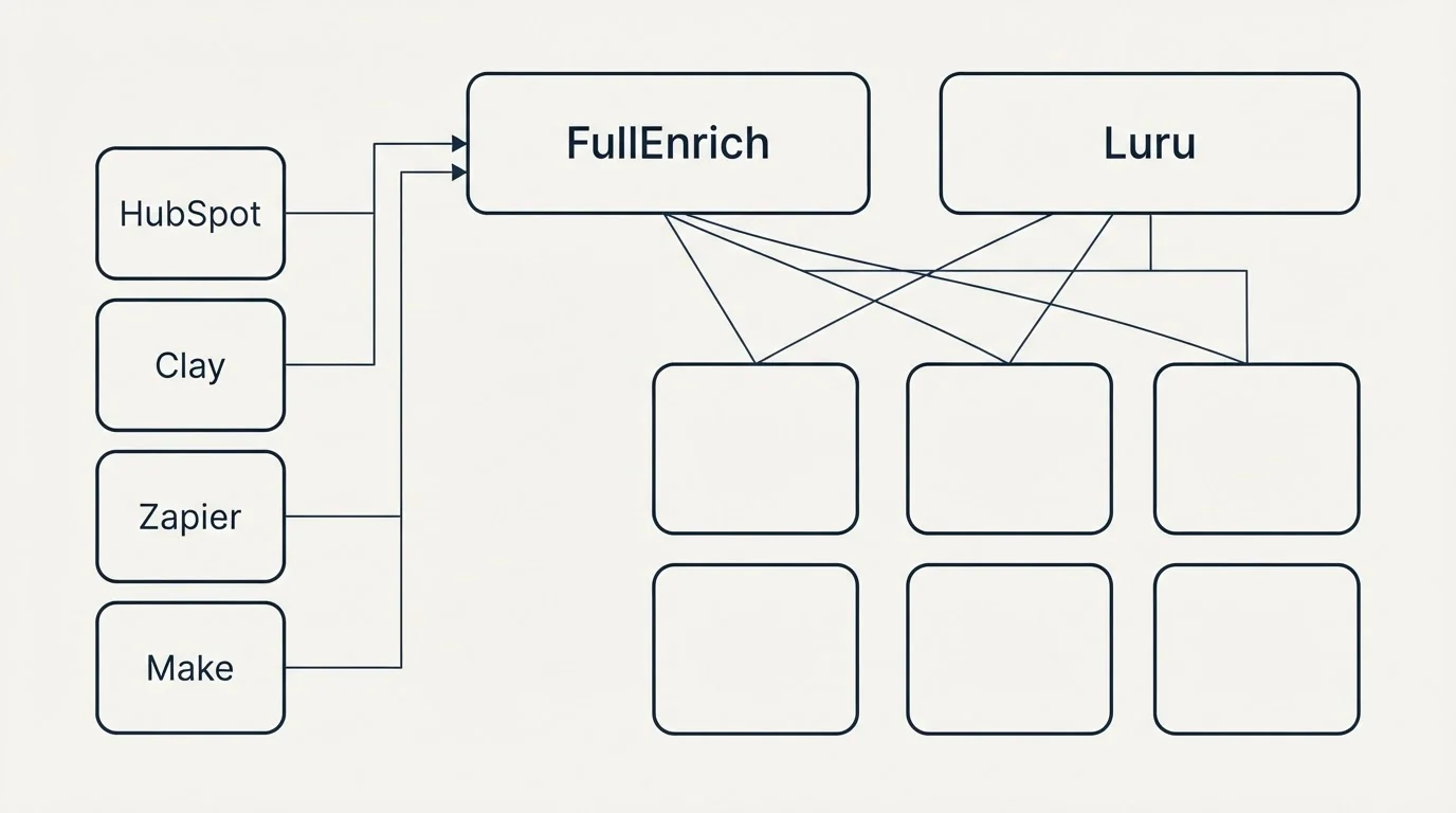 Integration grid: Integration Ecosystem (FullEnrich, Luru, HubSpot, Clay)