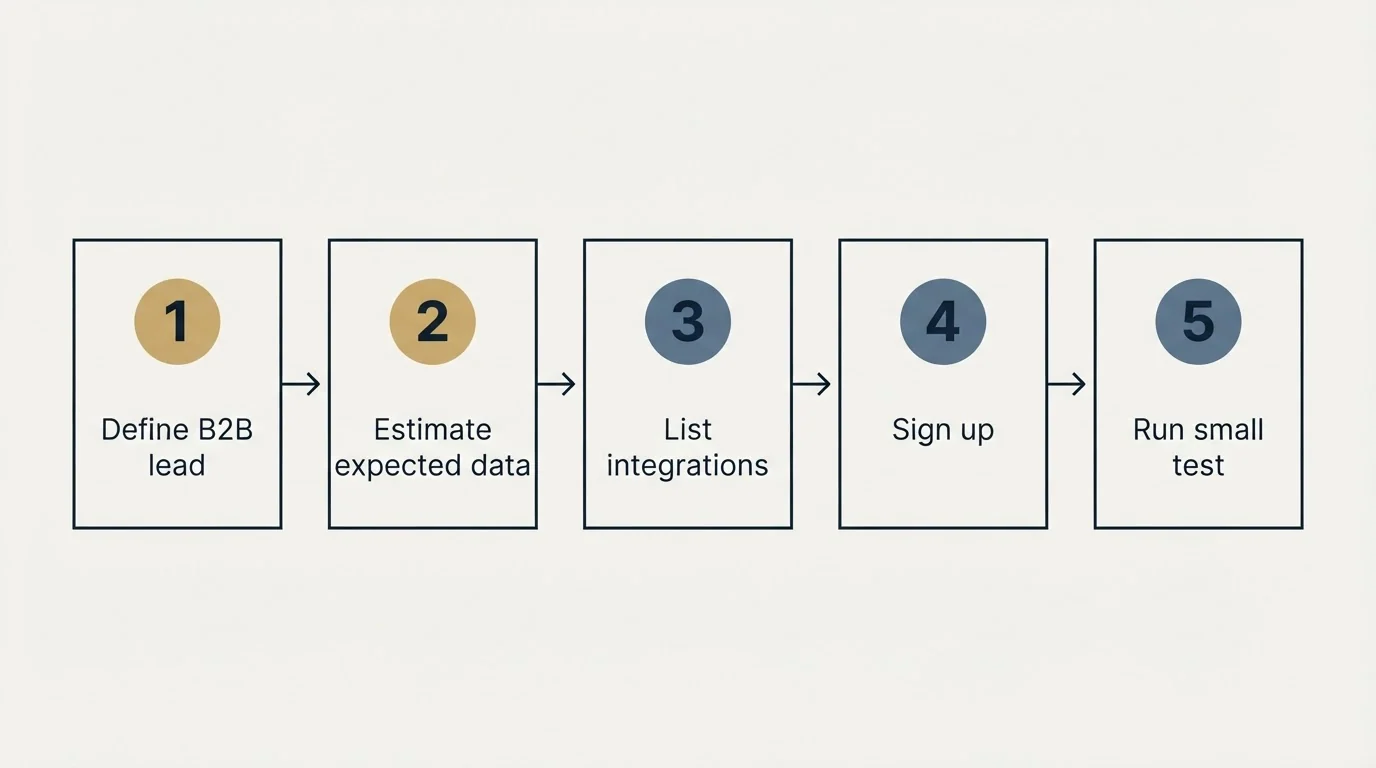 Step sequence: Getting Started Checklist (Define B2B lead, Estimate expected data, List integrations, Sign up)