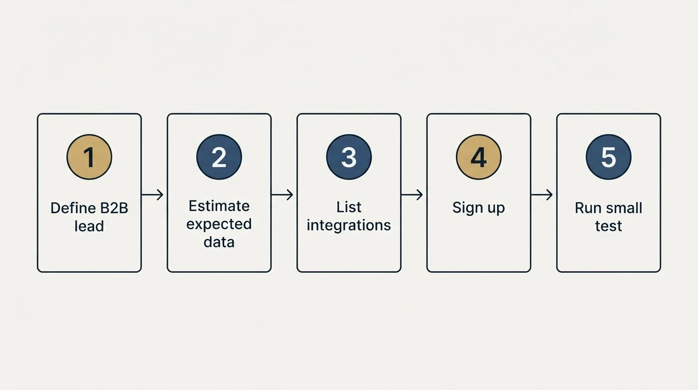 Step sequence: Getting Started Checklist (Define B2B lead, Estimate expected data, List integrations, Sign up)