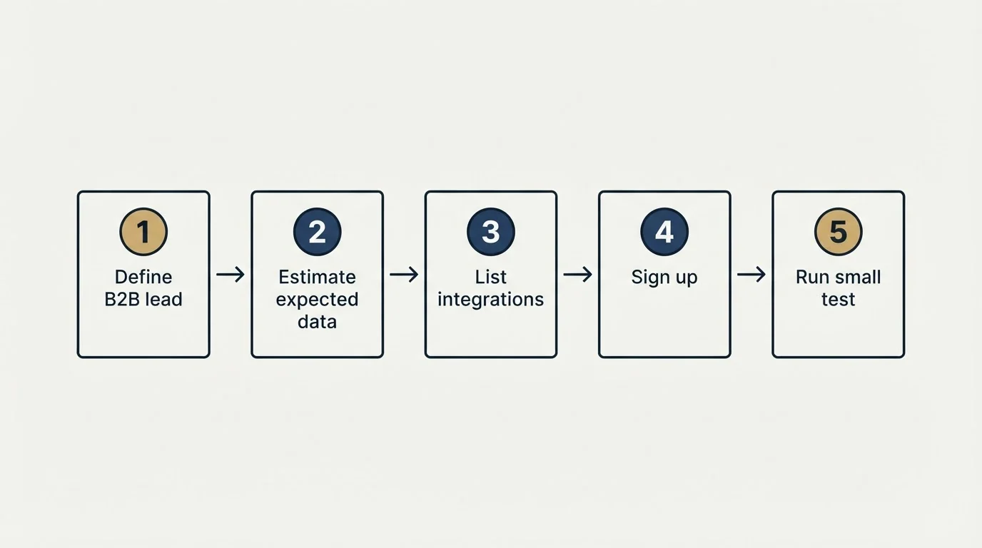 Step sequence: Getting Started Checklist (Define B2B lead, Estimate expected data, List integrations, Sign up)