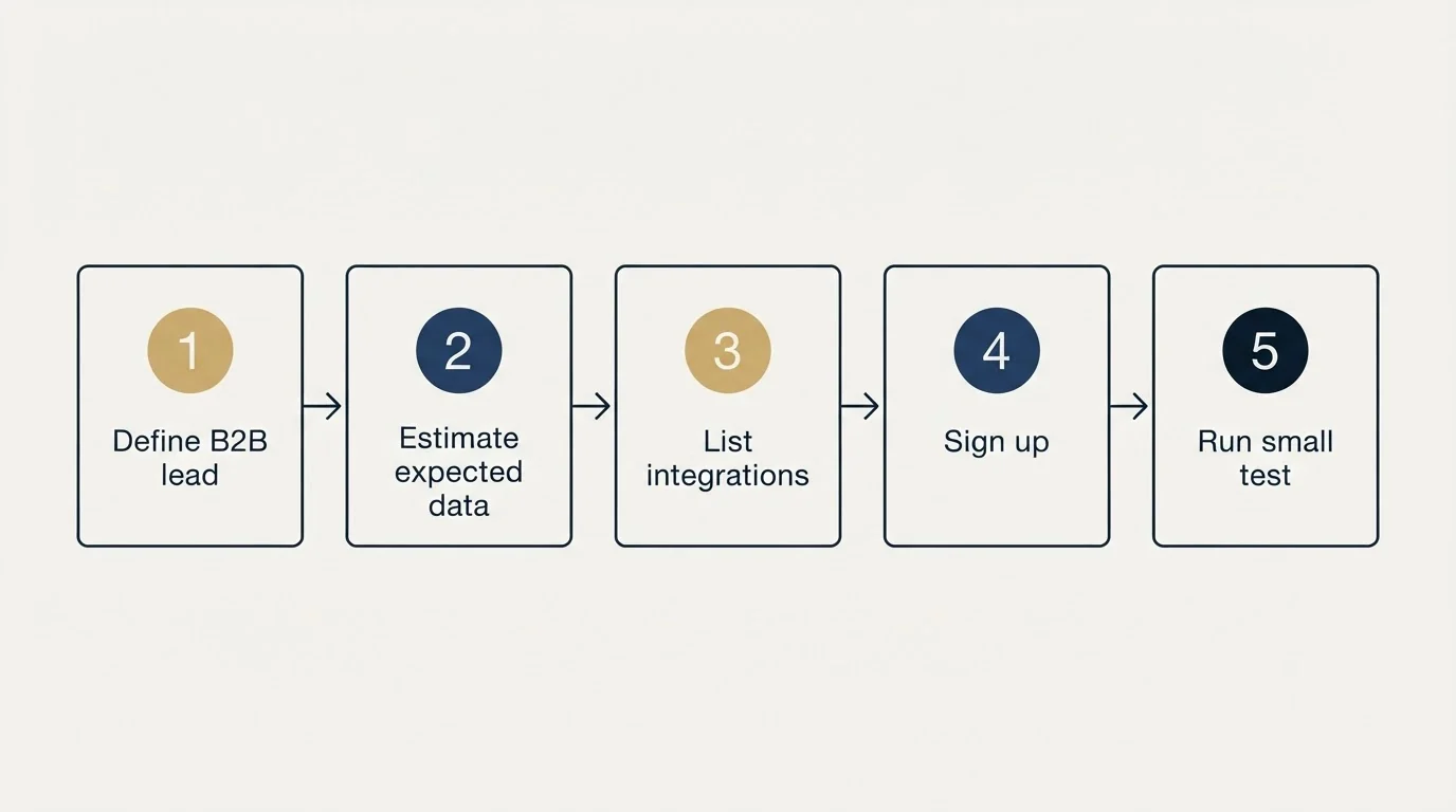 Step sequence: Getting Started Checklist (Define B2B lead, Estimate expected data, List integrations, Sign up)