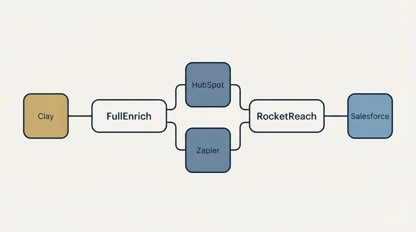 Integration schematic: Integration Ecosystem (FullEnrich, RocketReach, HubSpot, Zapier)