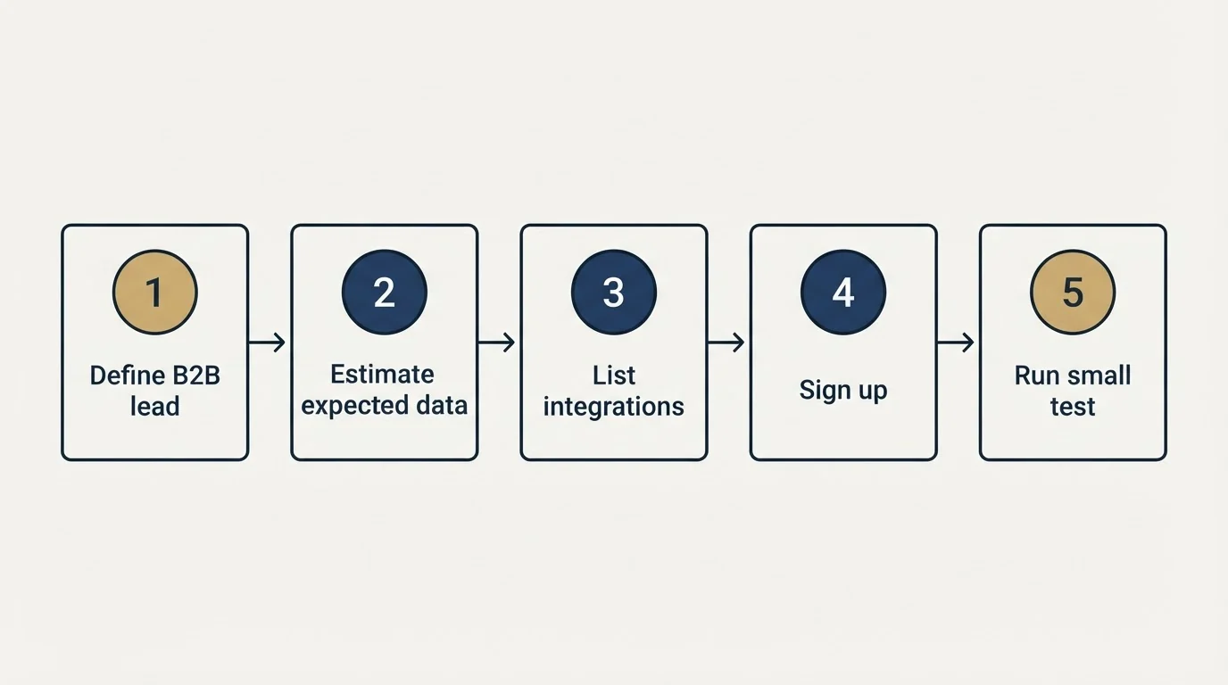 Step sequence: Getting Started Checklist (Define B2B lead, Estimate expected data, List integrations, Sign up)