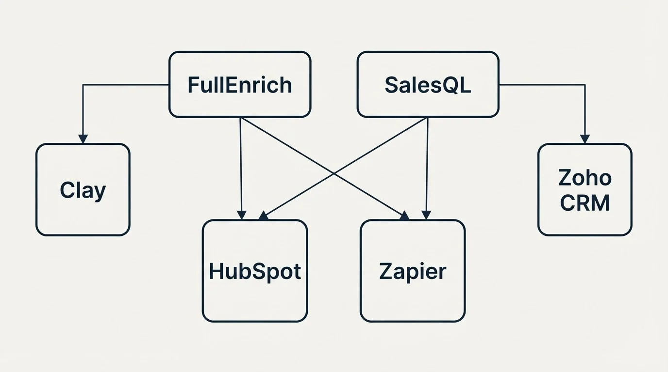 Integration grid: Integration Ecosystem (FullEnrich, SalesQL, HubSpot, Zapier)