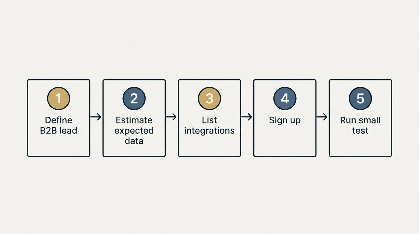 Step sequence: Getting Started Checklist (Define B2B lead, Estimate expected data, List integrations, Sign up)