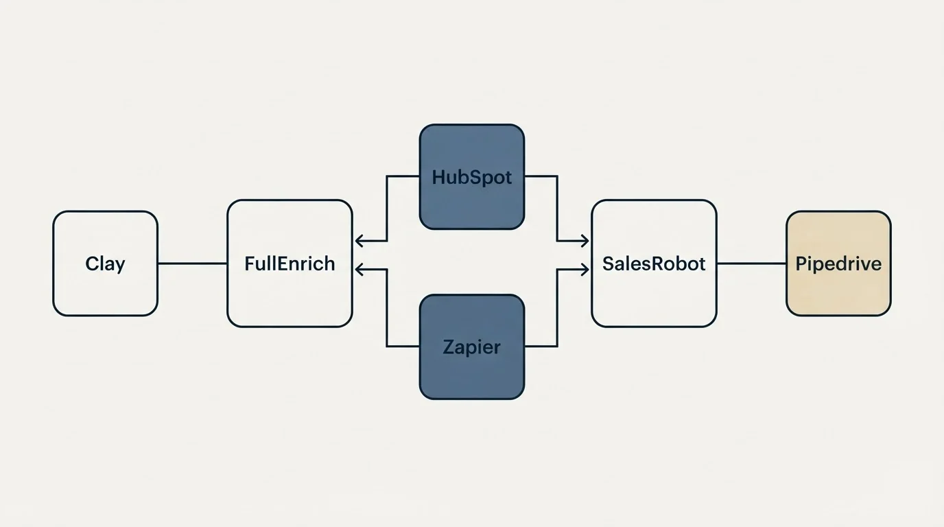 Integration flow: Integration Ecosystem (FullEnrich, SalesRobot, HubSpot, Zapier)