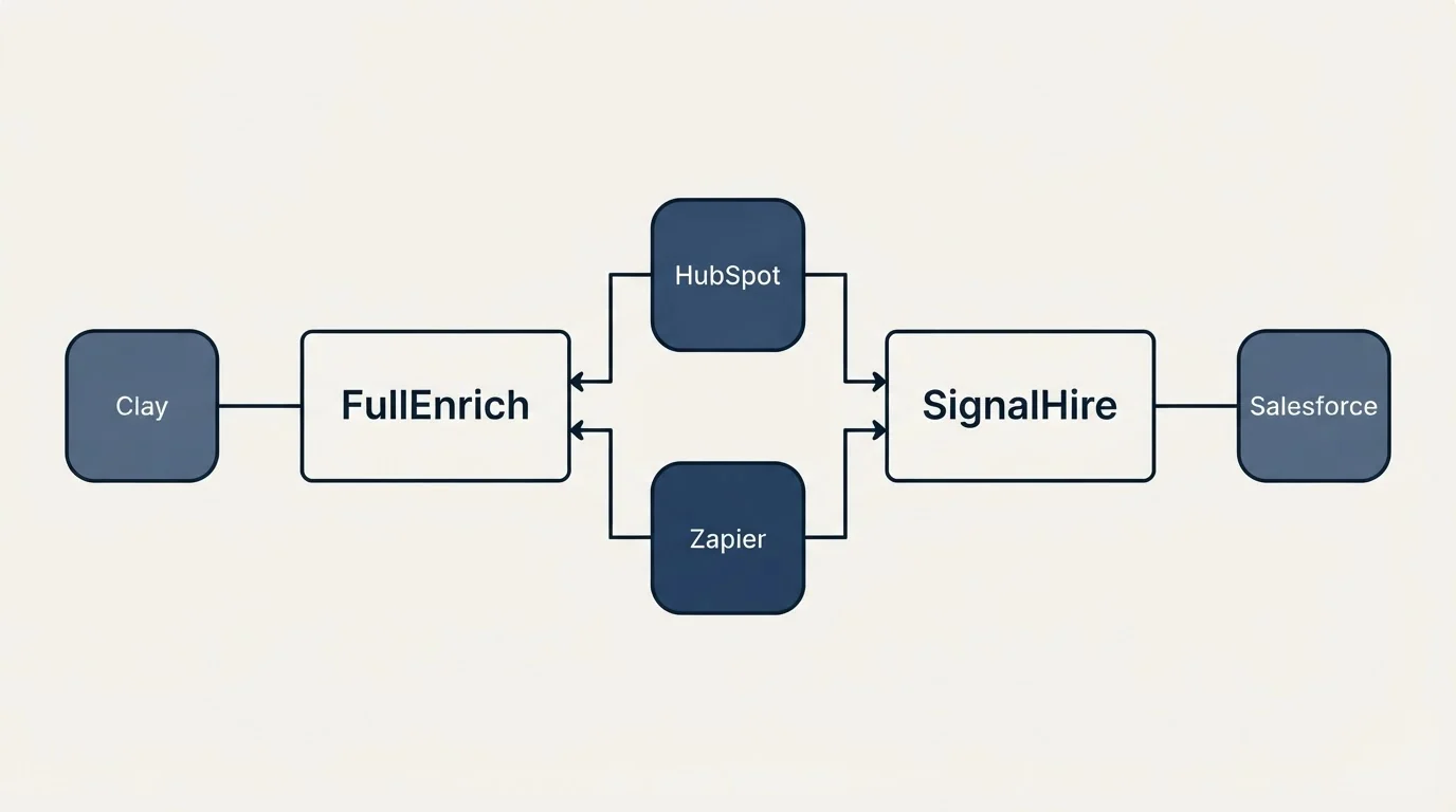 Integration flow: Integration Ecosystem (FullEnrich, SignalHire, HubSpot, Zapier)