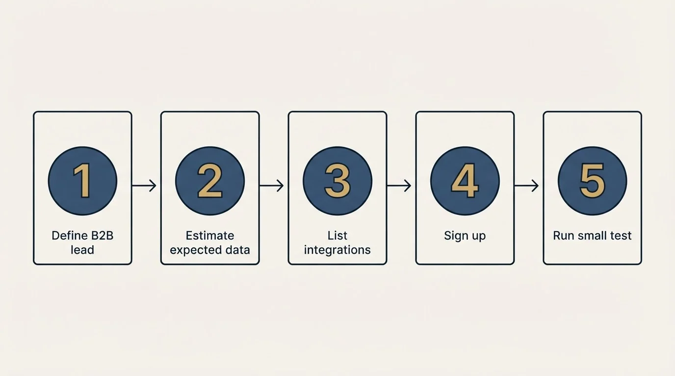 Step sequence: Getting Started Checklist (Define B2B lead, Estimate expected data, List integrations, Sign up)