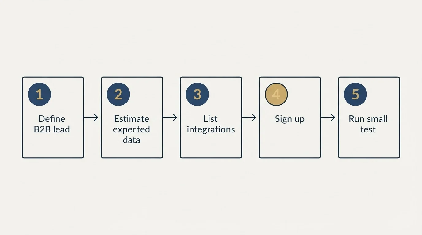 Step sequence: Getting Started Checklist (Define B2B lead, Estimate expected data, List integrations, Sign up)