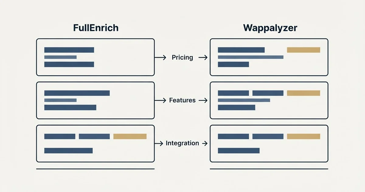 Comparison panel: FullEnrich vs Wappalyzer (Pricing, Features, Integration)