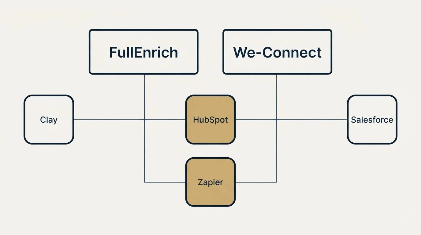 Integration grid: Integration Ecosystem (FullEnrich, We-Connect, HubSpot, Zapier)