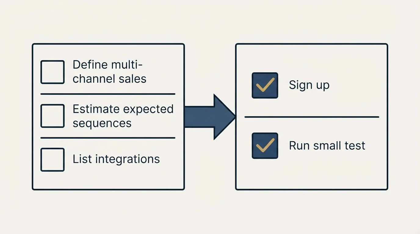 Before-and-after steps: Getting Started Checklist (Define multi-channel sales, Estimate expected sequences, List integrations, Sign up)