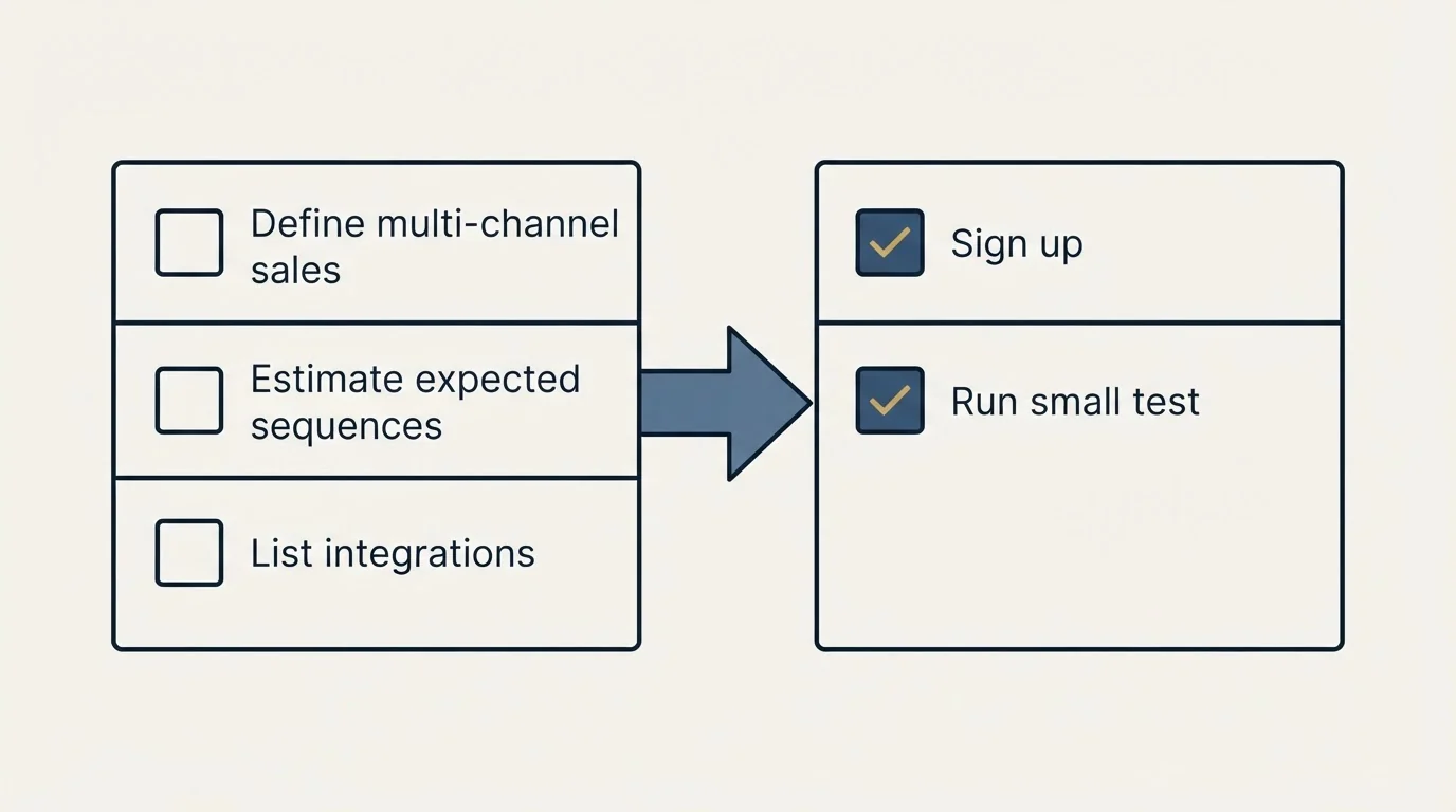 Before-and-after steps: Getting Started Checklist (Define multi-channel sales, Estimate expected sequences, List integrations, Sign up)