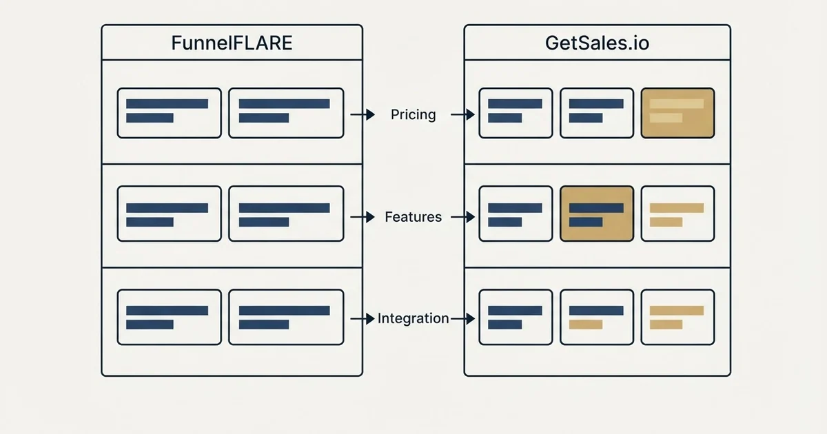 Comparison panel: FunnelFLARE vs GetSales.io (Pricing, Features, Integration)