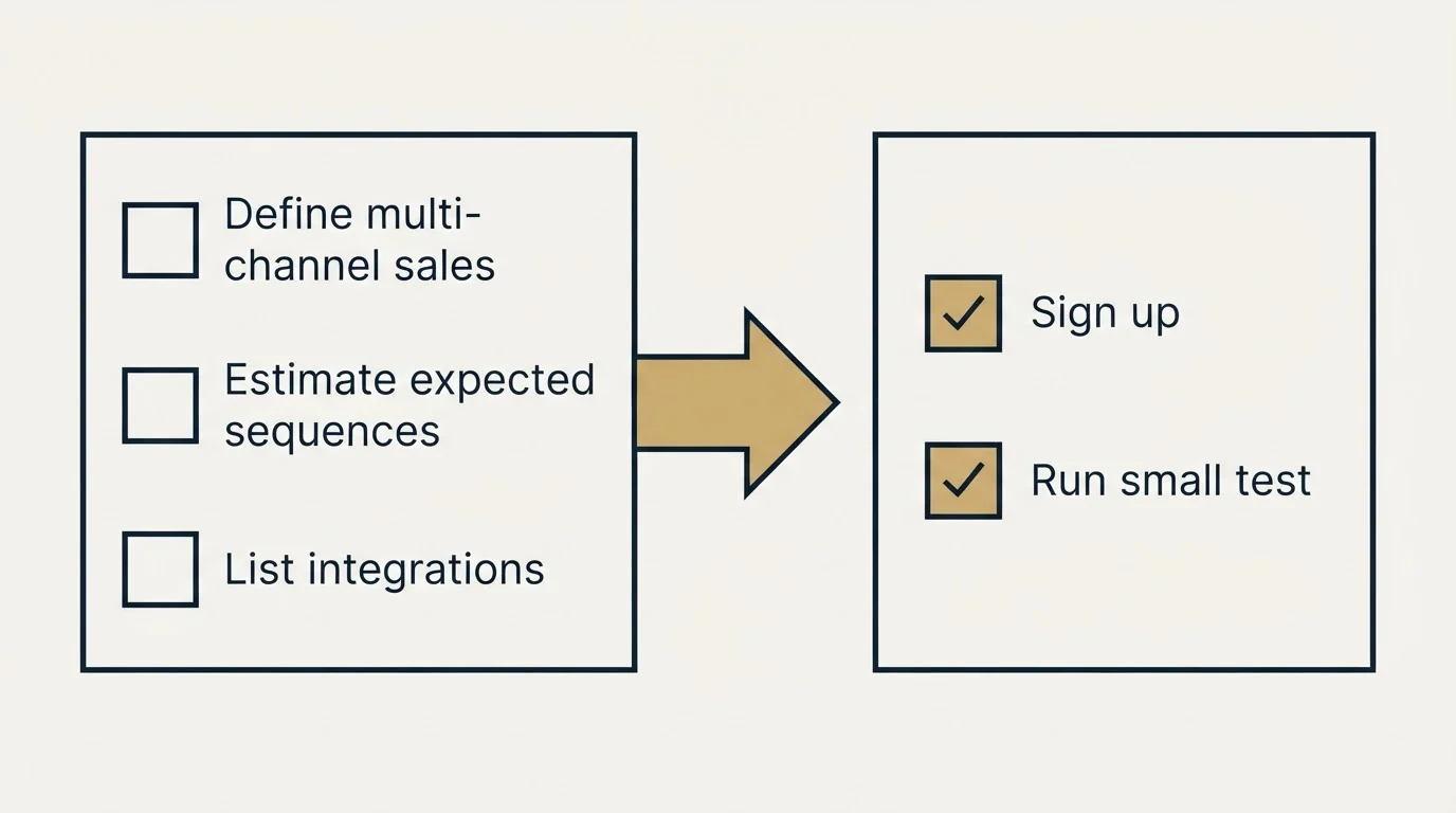 Before-and-after steps: Getting Started Checklist (Define multi-channel sales, Estimate expected sequences, List integrations, Sign up)
