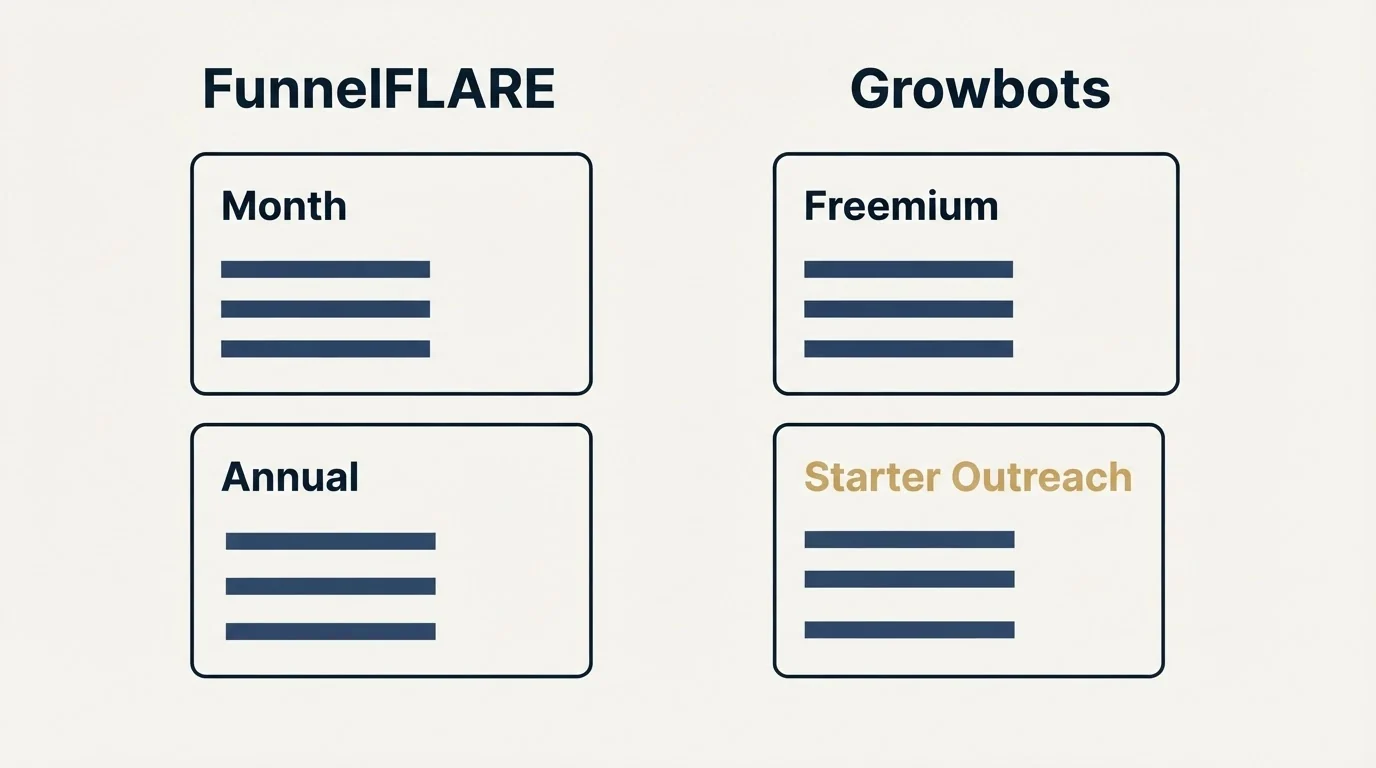 Pricing panels: Pricing Comparison (FunnelFLARE, Growbots, Month, Freemium)