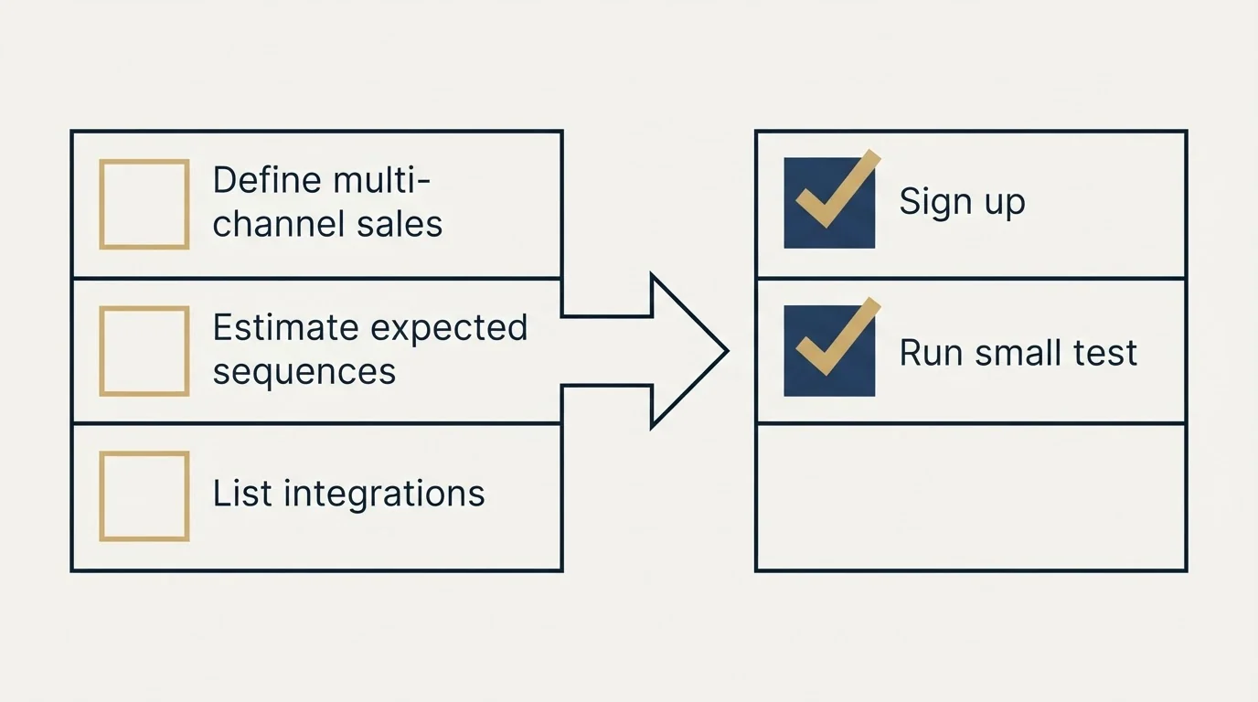 Before-and-after steps: Getting Started Checklist (Define multi-channel sales, Estimate expected sequences, List integrations, Sign up)