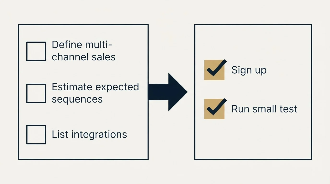 Before-and-after steps: Getting Started Checklist (Define multi-channel sales, Estimate expected sequences, List integrations, Sign up)