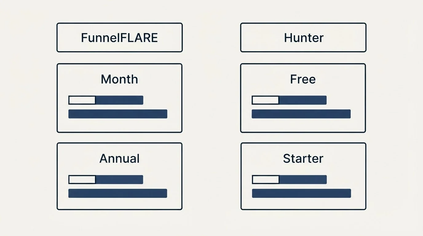 Pricing table: Pricing Comparison (FunnelFLARE, Hunter, Month, Free)