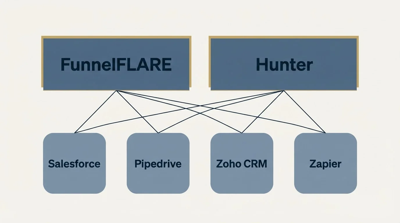 Integration grid: Integration Ecosystem (FunnelFLARE, Hunter, Salesforce, Pipedrive)
