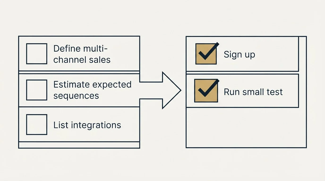 Before-and-after steps: Getting Started Checklist (Define multi-channel sales, Estimate expected sequences, List integrations, Sign up)