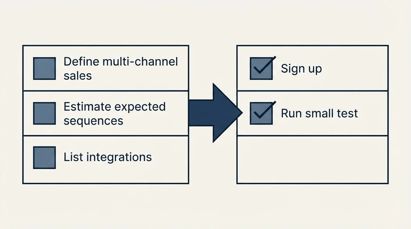 Before-and-after steps: Getting Started Checklist (Define multi-channel sales, Estimate expected sequences, List integrations, Sign up)