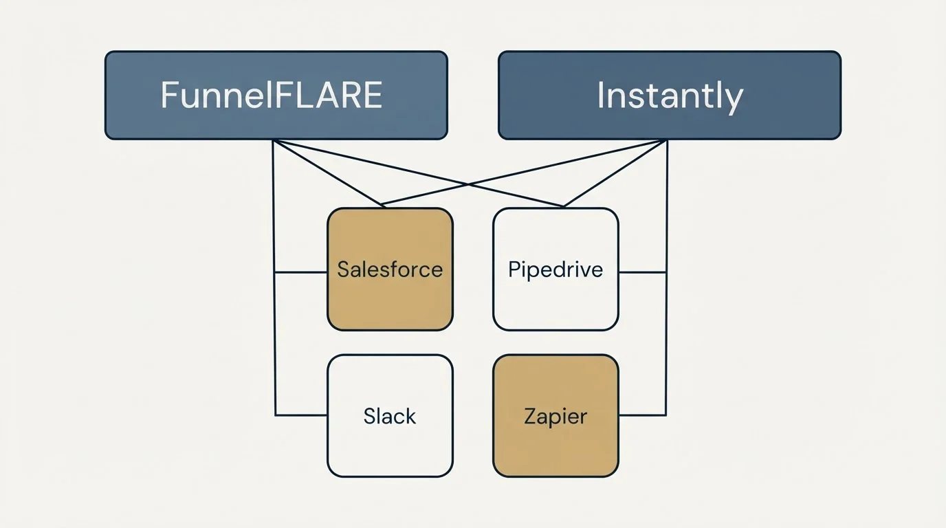 Integration grid: Integration Ecosystem (FunnelFLARE, Instantly, Salesforce, Pipedrive)
