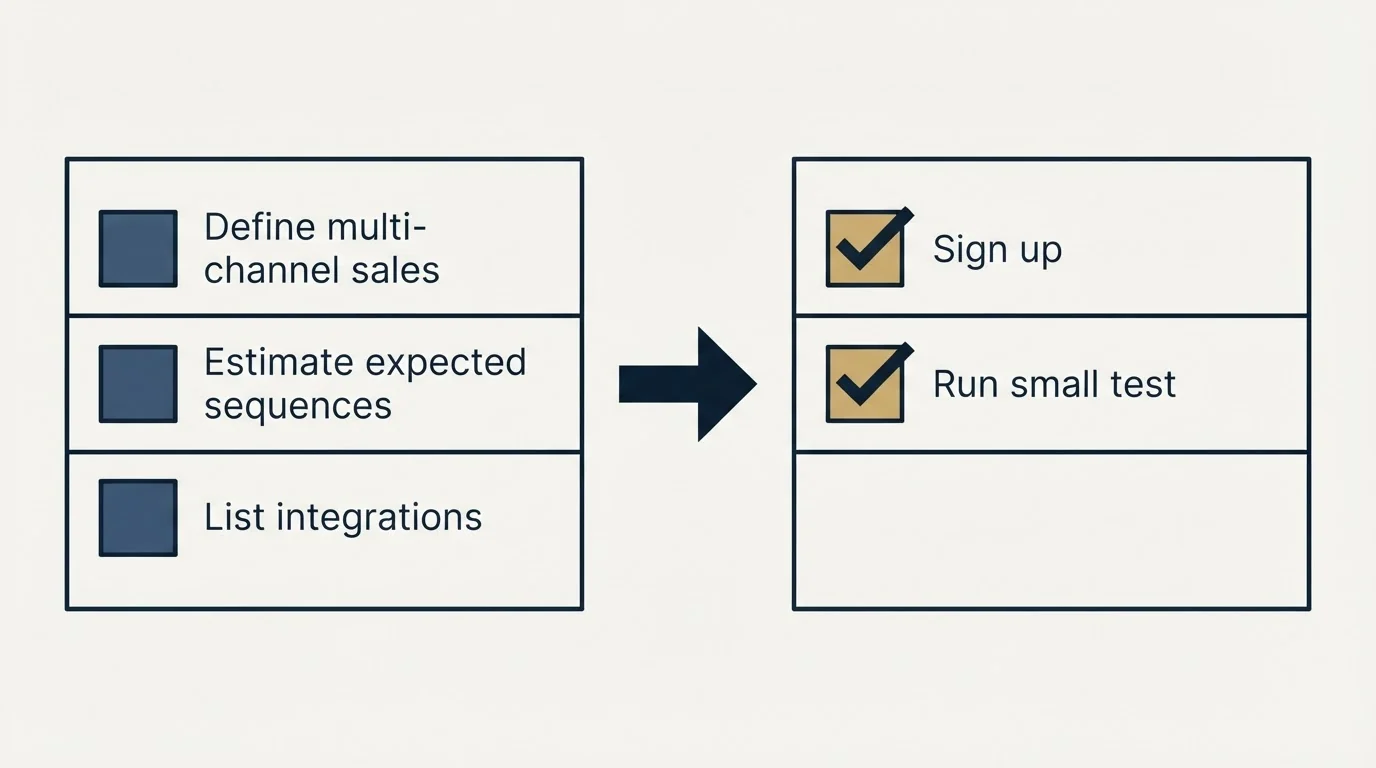 Before-and-after steps: Getting Started Checklist (Define multi-channel sales, Estimate expected sequences, List integrations, Sign up)