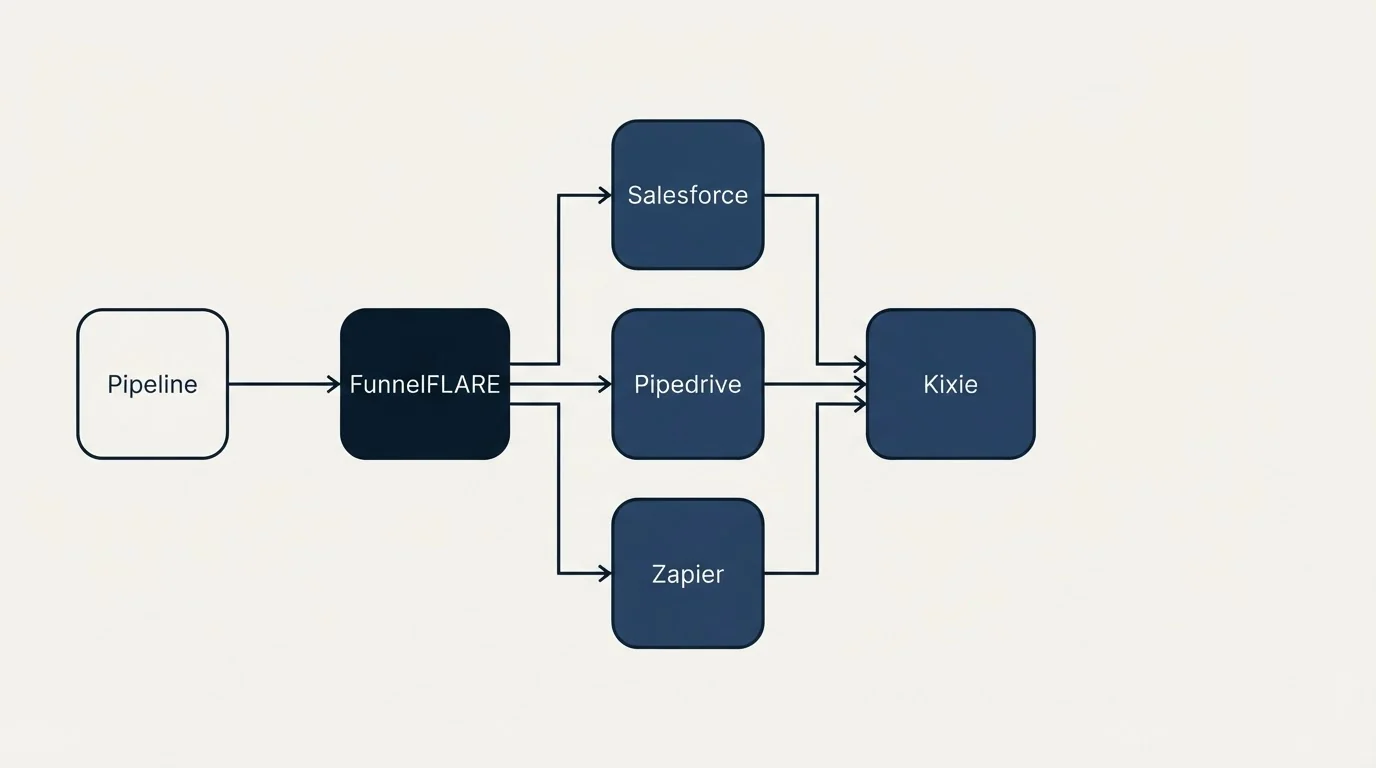 Integration flow: Integration Ecosystem (FunnelFLARE, Kixie, Salesforce, Pipedrive)