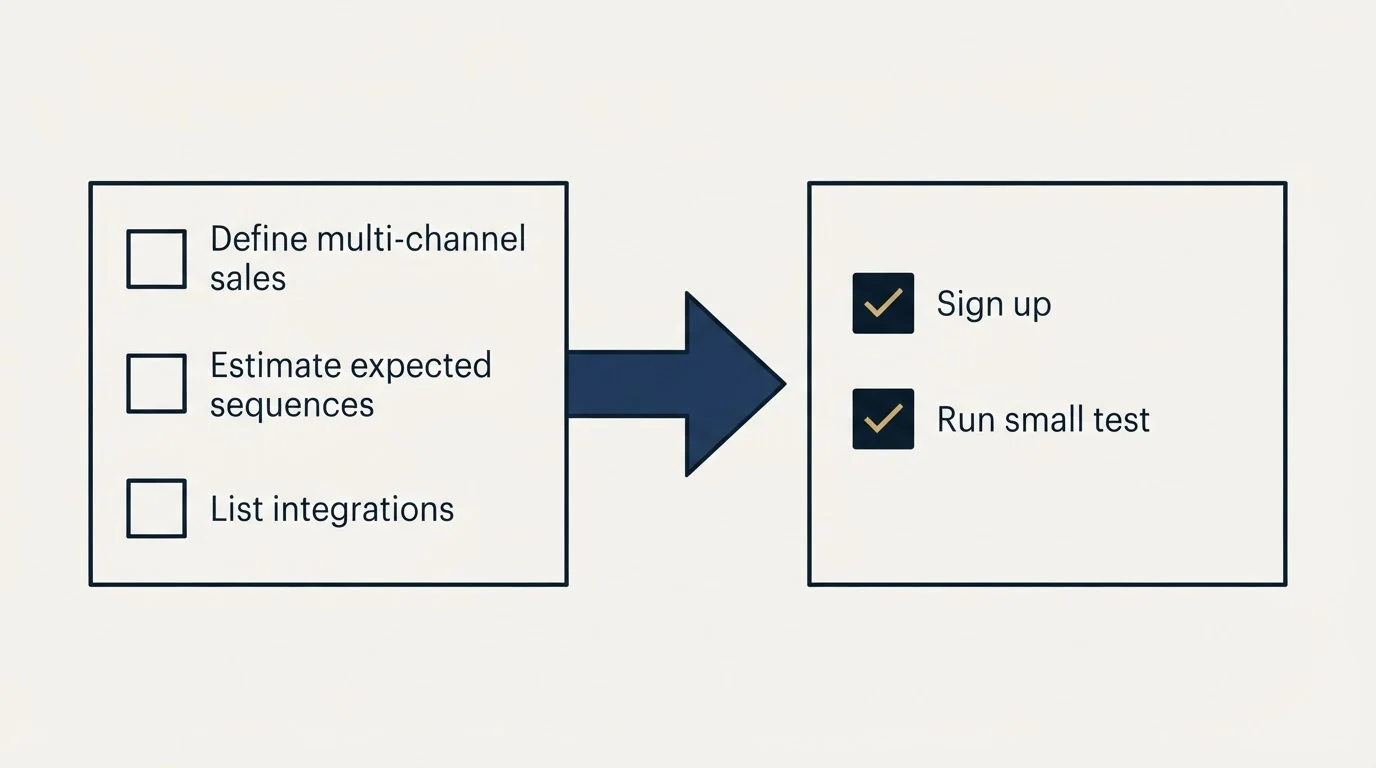 Before-and-after steps: Getting Started Checklist (Define multi-channel sales, Estimate expected sequences, List integrations, Sign up)